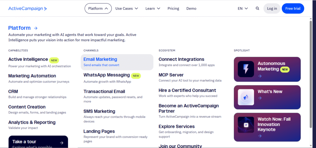 GetResponse vs ActiveCampaign: ActiveCampaign dashboard 